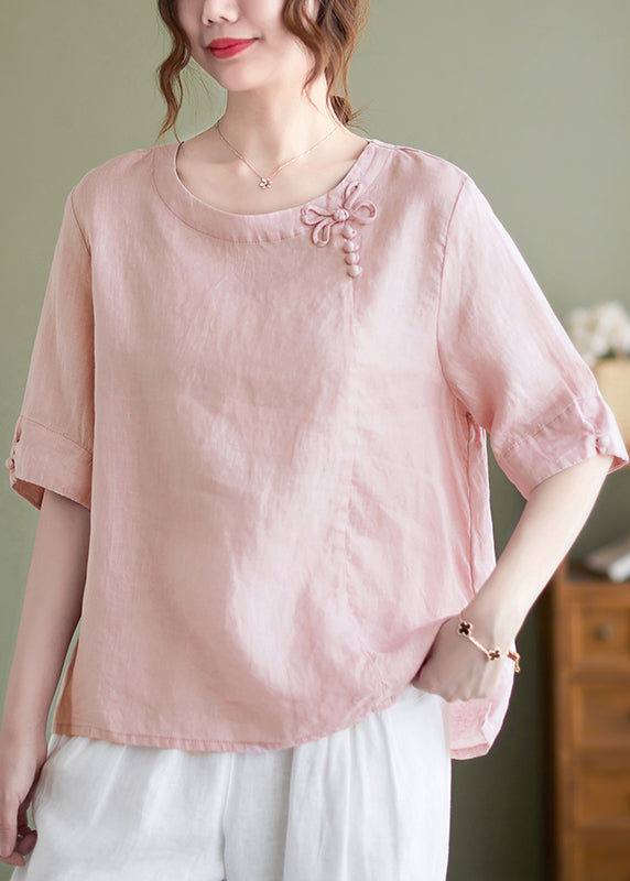 Pink O Neck Patchwork Cotton T Shirt Summer
