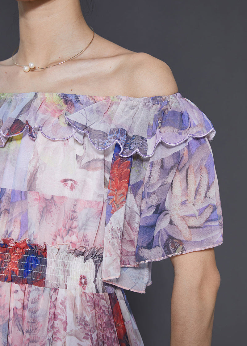 Light Purple Slash Neck Cinched Chiffon Holiday Dress Summer