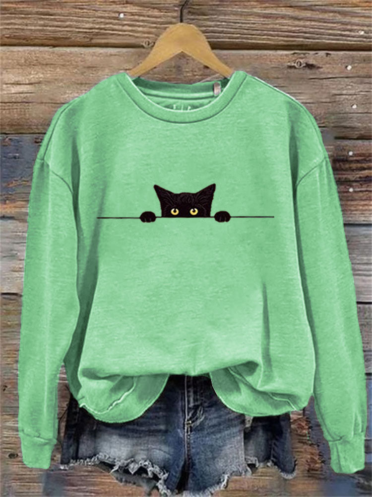 Comstylish Women's Casual Funny Black Cat Print Sweatshirt
