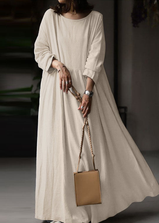 Beige O Neck Wrinkled Patchwork Cotton Maxi Dress Spring