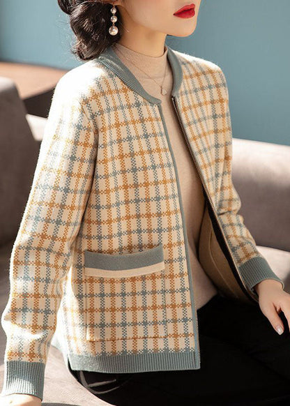 Blue O-neck Zip Up Pockets Plaid Knit Jackets Fall