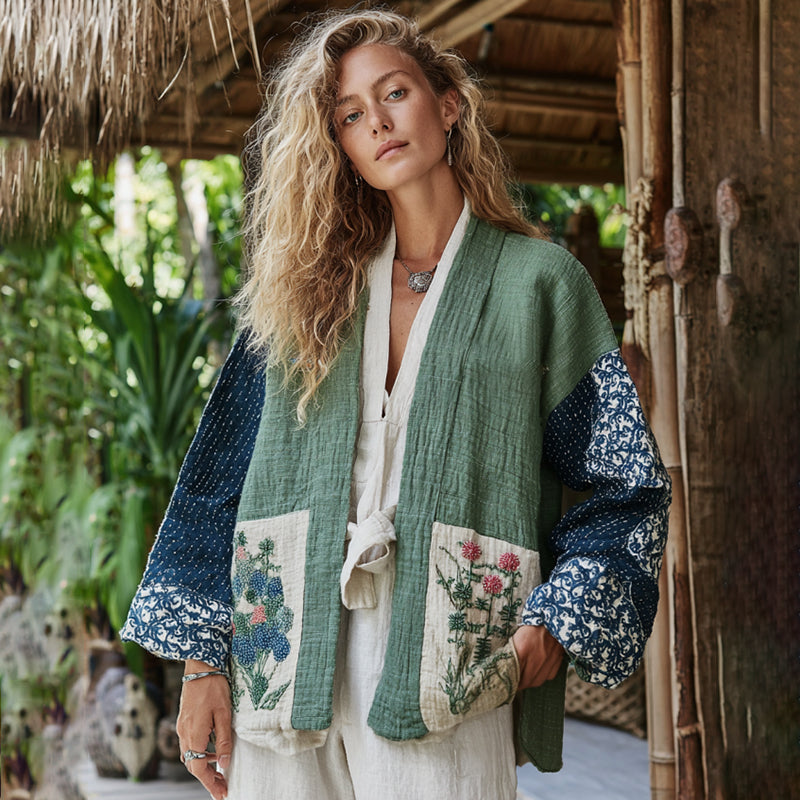 Classic Bohemian Japanese Traditional Sashiko With Floral Art Embroidery Print Cotton And Linen Blend Kimono Cardigan artswardrobe