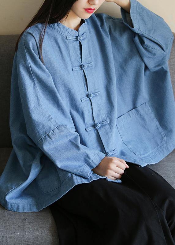 Loose Stand Collar Chinese Button Clothes for Sleeve Denim Light Blue Shirts