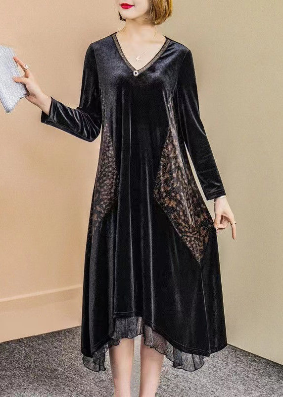 Black V Neck Ruffled Zircon Patchwork Velour Dress Fall