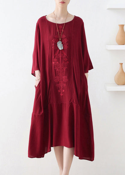 Natural Red O-neck Print Draping Long Dress Fall
