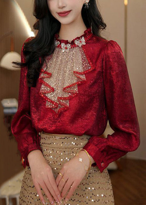 Red Ruffled Sequins Patchwork Silk Blouse Tops Fall