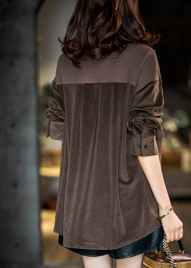 Chocolate Peter Pan Collar Knit Patchwork Fake Two Piece Shirts