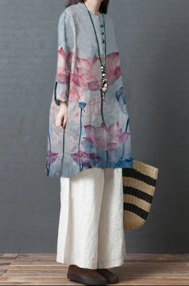 Green Linen Outfit Fabrics Chinese Button Short Side Open Dress Spring