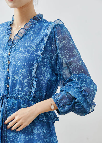 Stylish Blue Ruffled Print Chiffon Cinched Dresses Spring