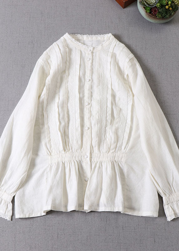 White Wrinkled Patchwork Tops Long Sleeve