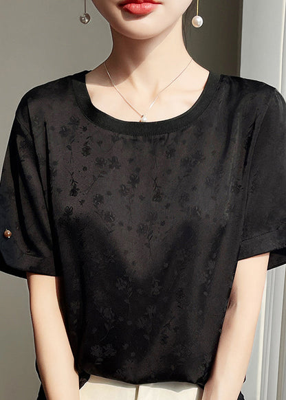 Black Side Open Silk Shirts O Neck Summer