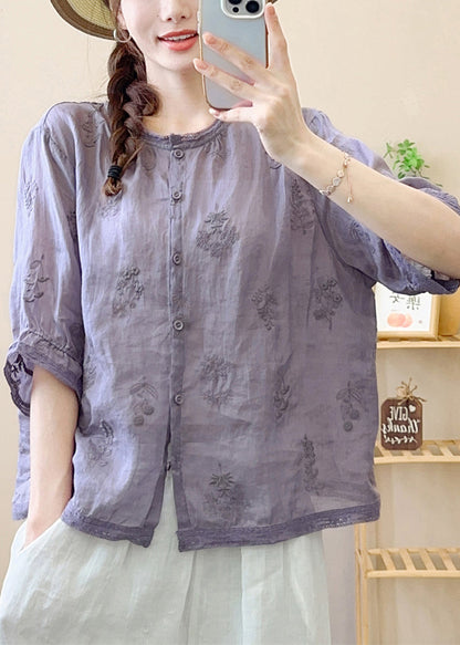 Green Embroideried Patchwork Linen Shirt Summer