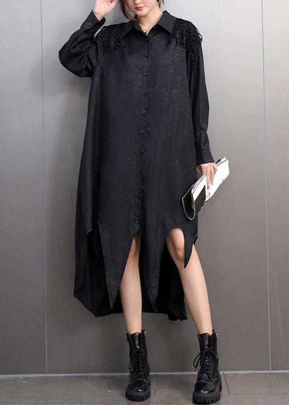 Black Peter Pan Collar Asymmetrical Lace Patchwork Long Shirts Dress Spring