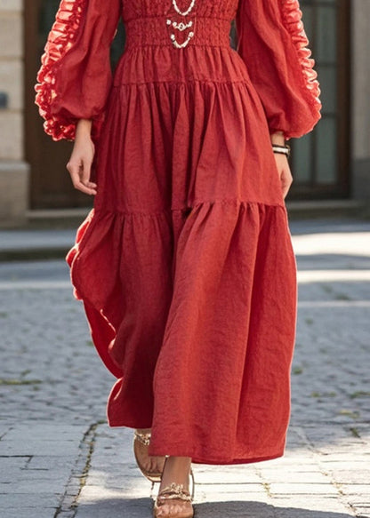 Red Cinched Wrinkled Cotton Holiday Dress Fall