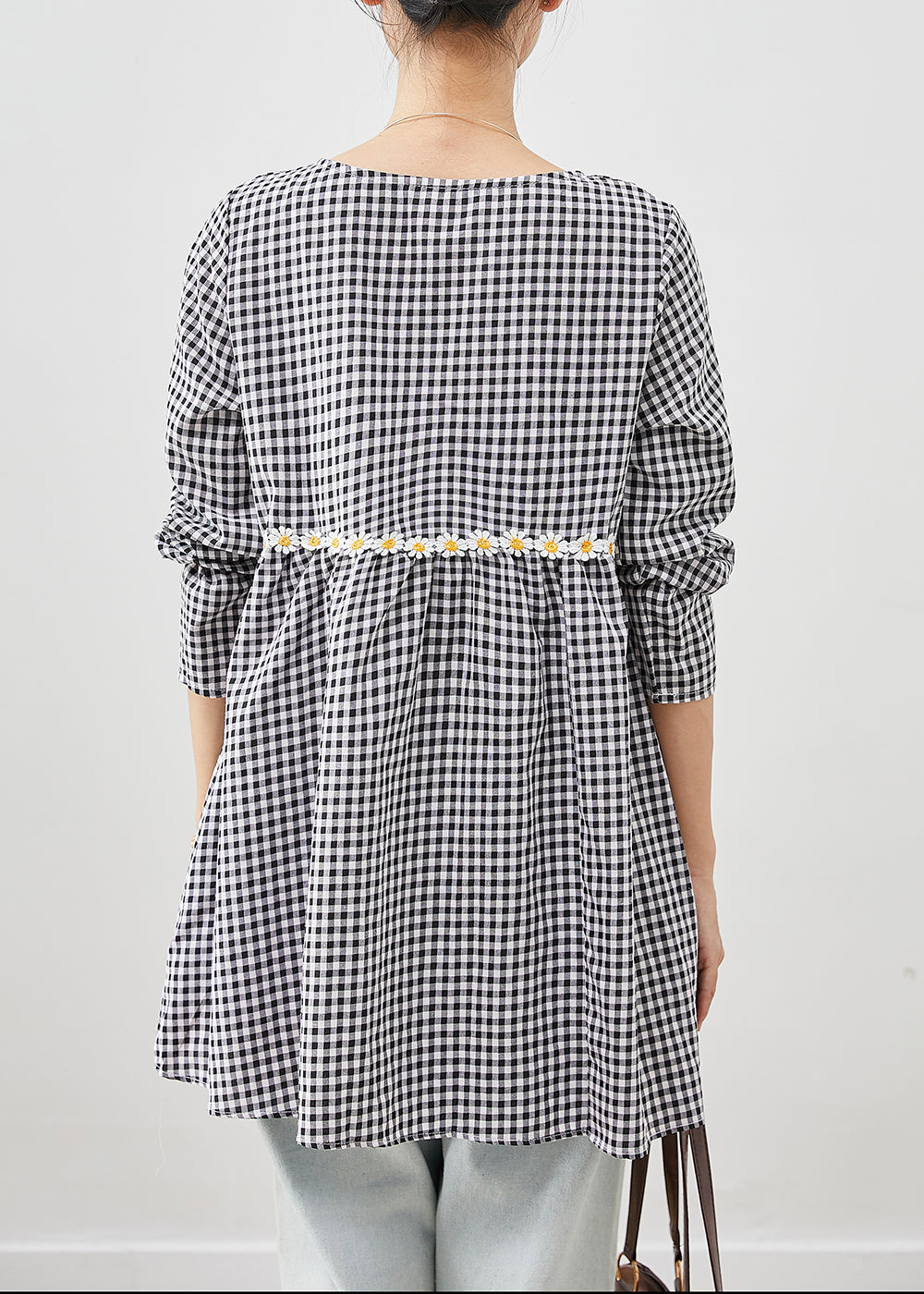 Grey Plaid Cotton Blouse a Line Tops Daisy Fall