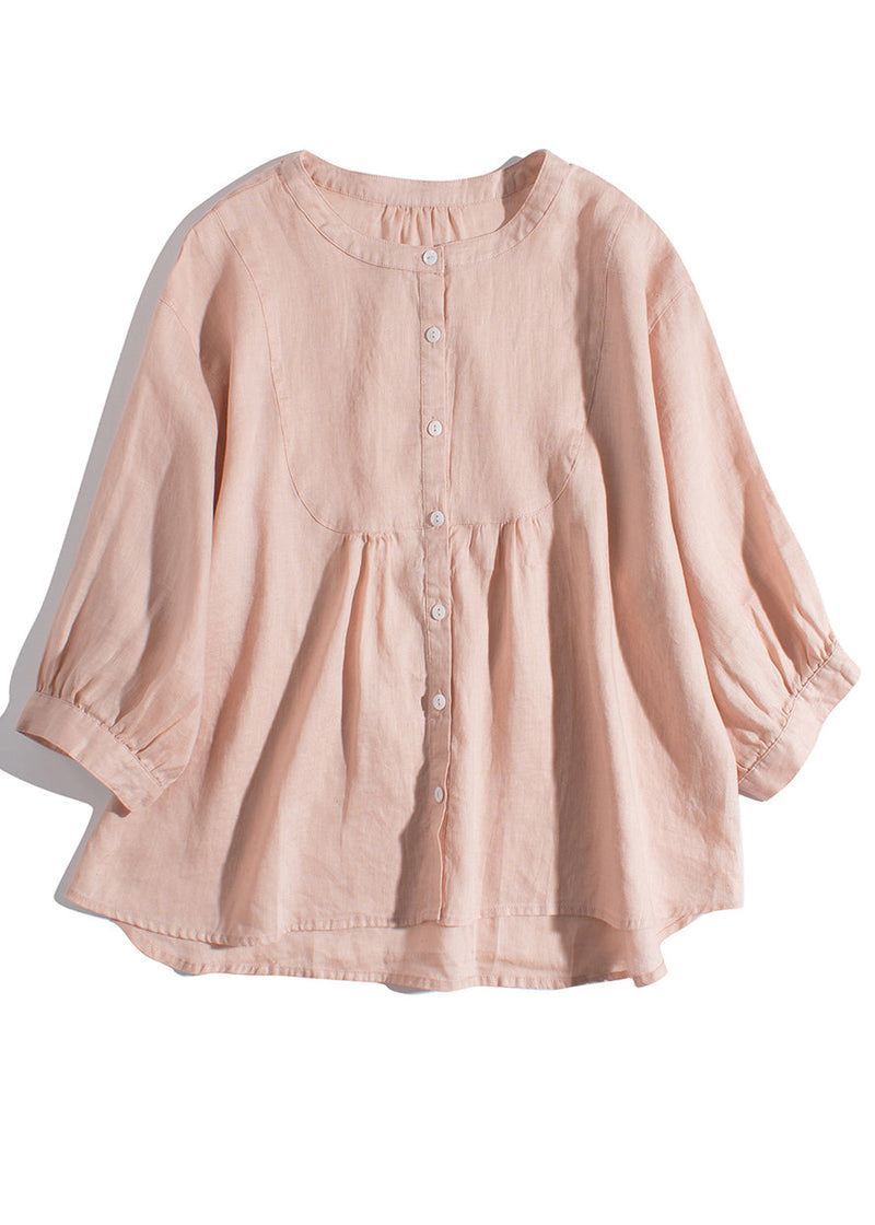 New Pink O-neck Button Linen Blouses Bracelet Sleeve