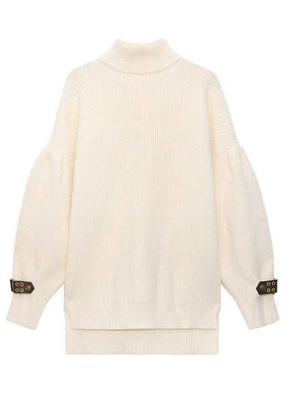 French Apricot Turtleneck Low High Design Loose Fall Knitted Sweaters