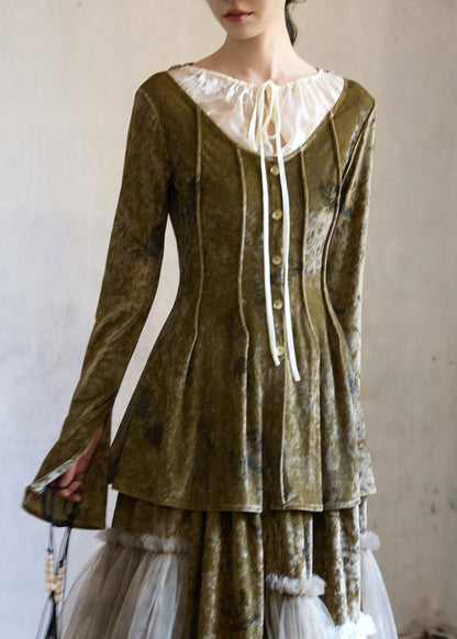 Art Green Lace Up Button Patchwork Silk Velour Top Spring