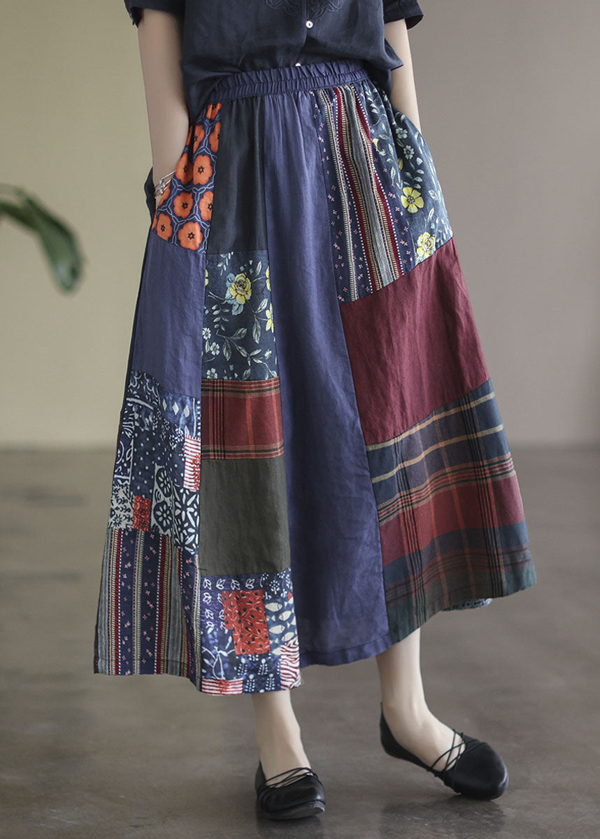 Colorblock Elastic Waist Patchwork Print Linen Skirts Summer