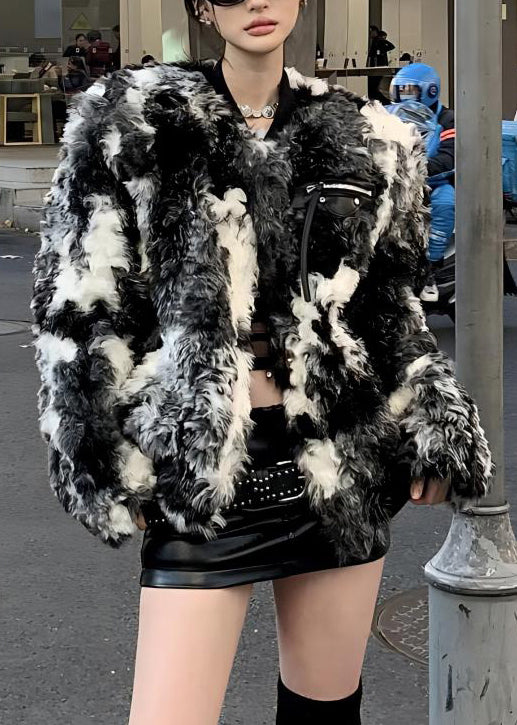 Black Tie Dye Pockets Teddy Faux Fur Coats Spring