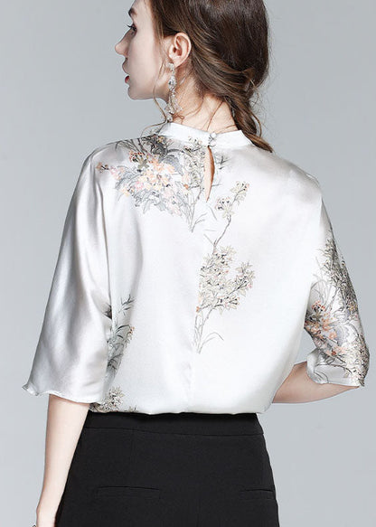 Silk Stand Collar Oriental Satin Shirt Top Half Sleeve Blouse