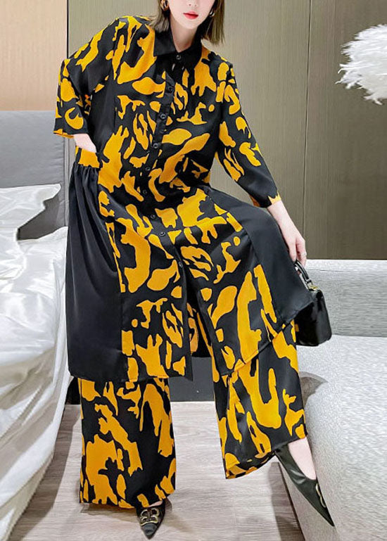 Yellow Peter Pan Collar Patchwork Silk Shirt Wide Leg Pants Two Pieces Set Spring