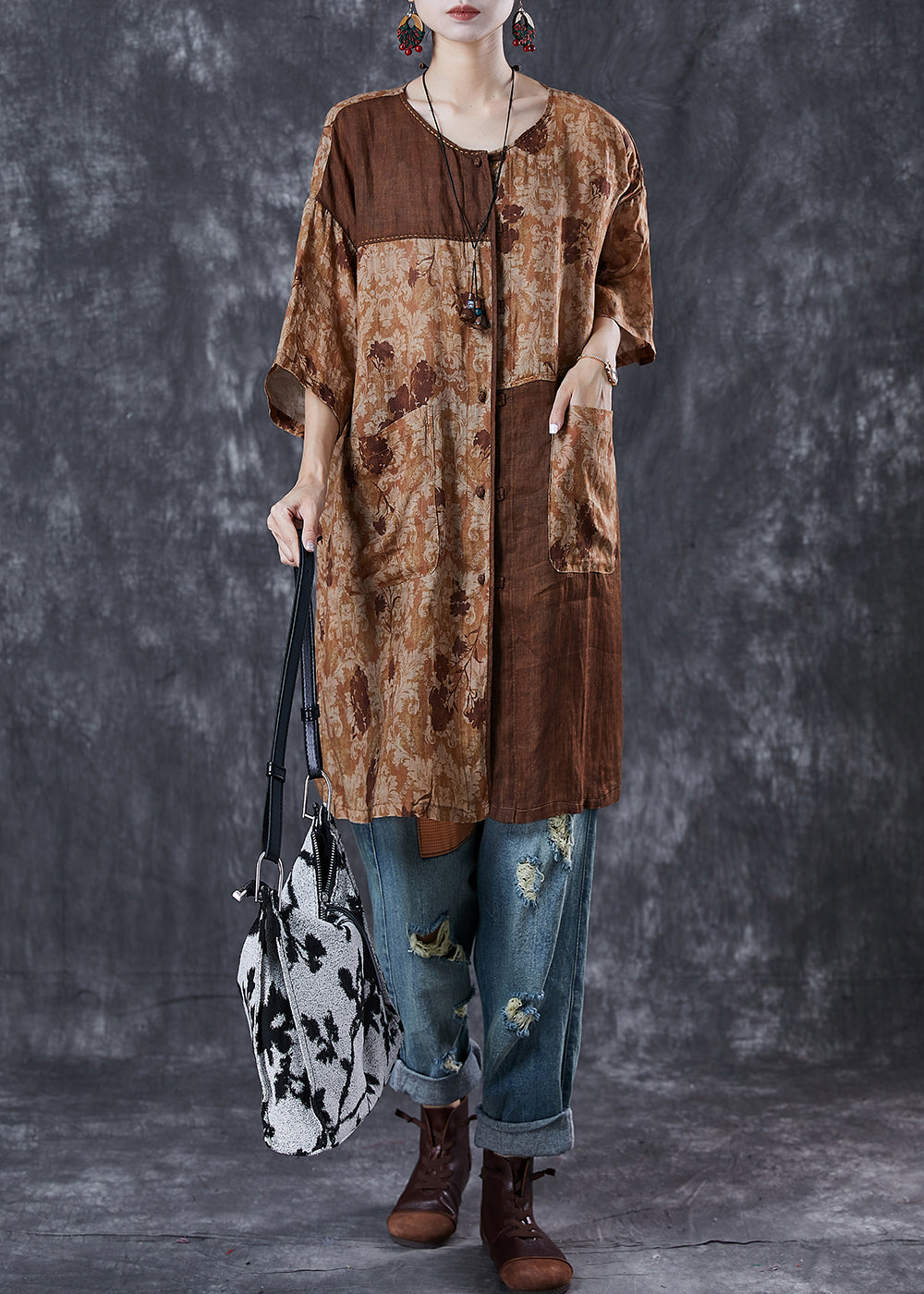 Khaki Oversized Patchwork Linen Dresses Summer