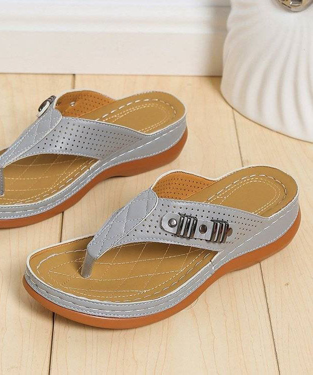 Comfy Grey Beach Flip Flops Faux Leather Splicing Rivet