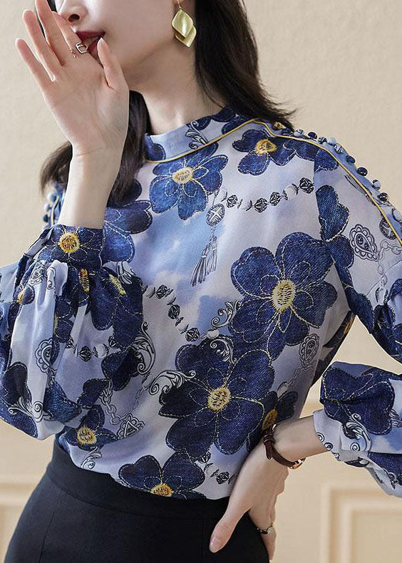 Blue Stand Collar Button Print Silk Shirt Top Spring