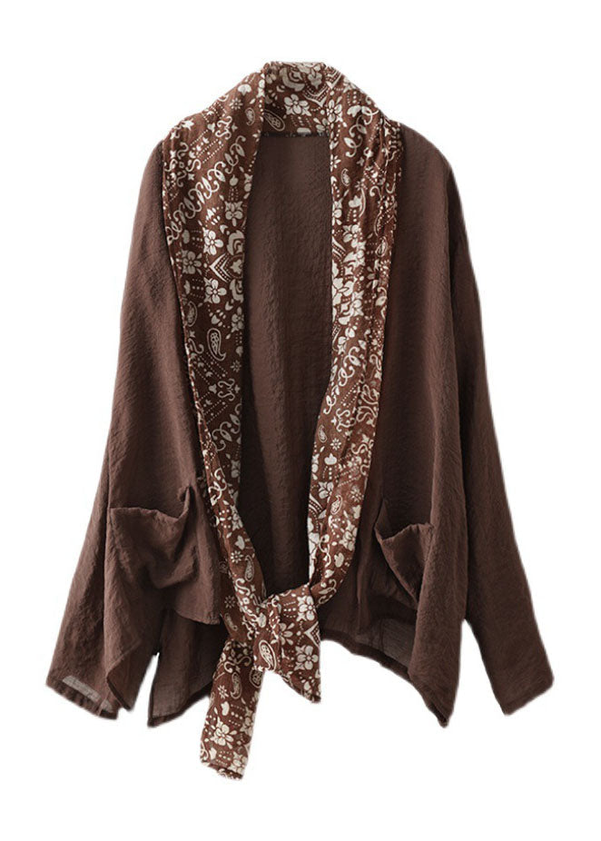Coffee Colorblock Pockets Print Linen Upf 50+ Coat Long Sleeve
