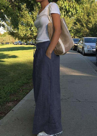 Wide Leg Color Loose High Elastic Waist Side Pockets Pants