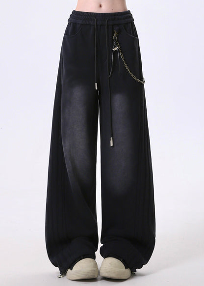 Grey Pockets Patchwork Elastic Waist Cotton Pants Spring