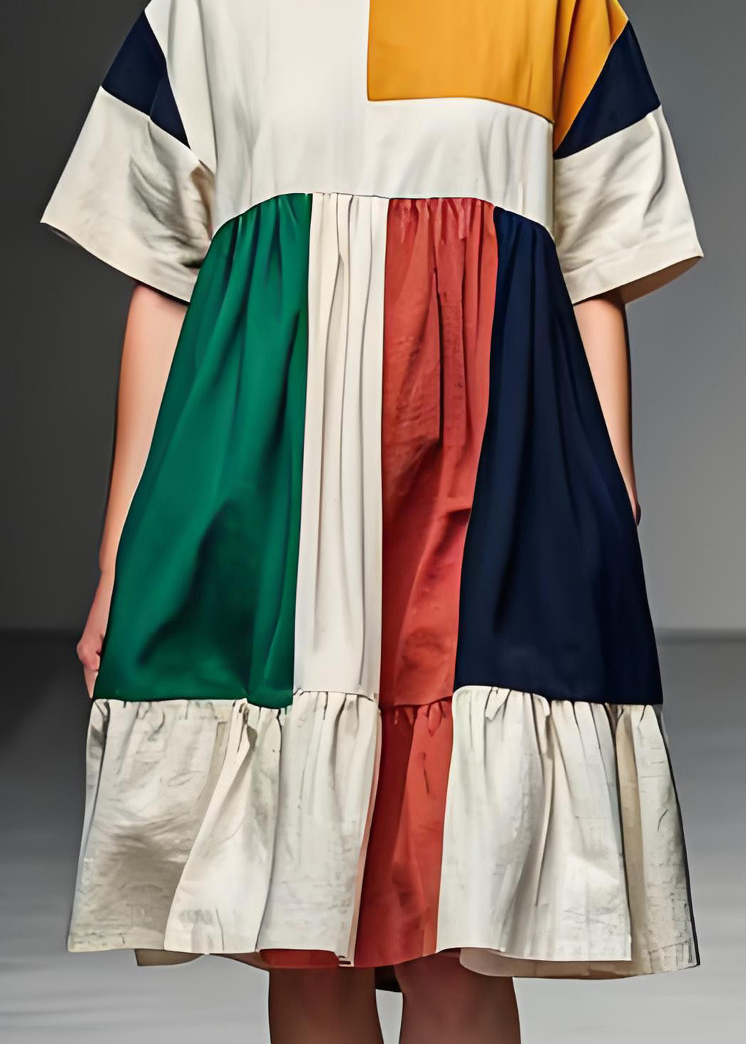 Colorblock O Neck Patchwork Linen Mid Dress Summer