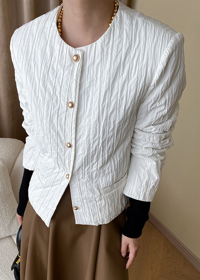 White Pockets Thin Fine Cotton Filled Coat O Neck Button Fall