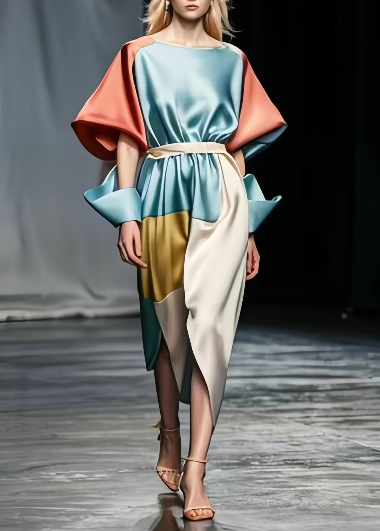 Sky Blue Tie Waist Patchwork Side Open Silk Dresses Puff Sleeve Fall