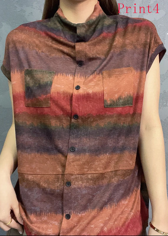 New Standing Collar Print Tie Dyed Short Sleeved Tops