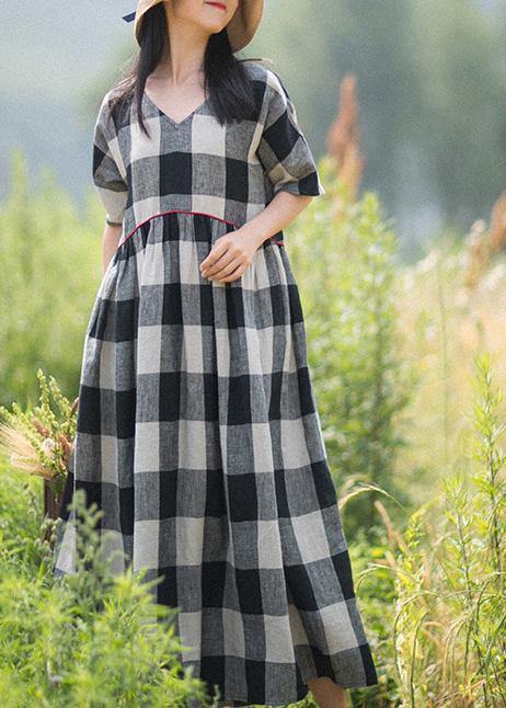 V-neck Patchwork Summer Black White Plaid Dresses