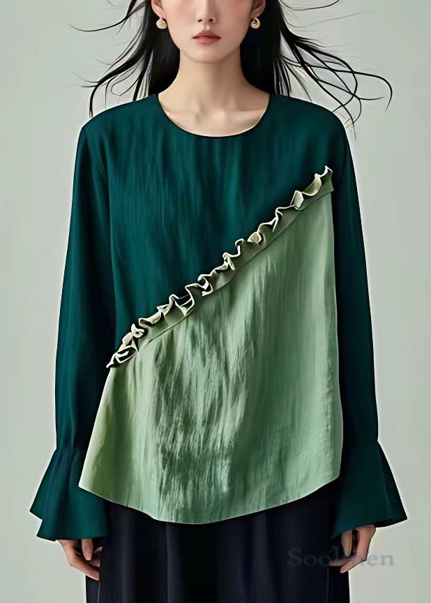 French Light Green O Neck Ruffled Cotton Top Flare Sleeve