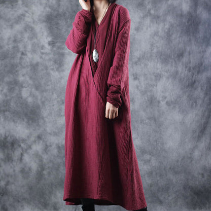 French Blackapricot V Neck Patchwork Pockets Fall Knit Long Sleeve Maxi Dress