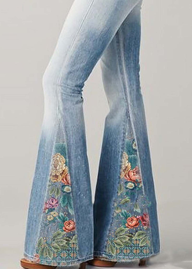 Blue High Waist Patchwork Print Denim Flare Bottoms Summer