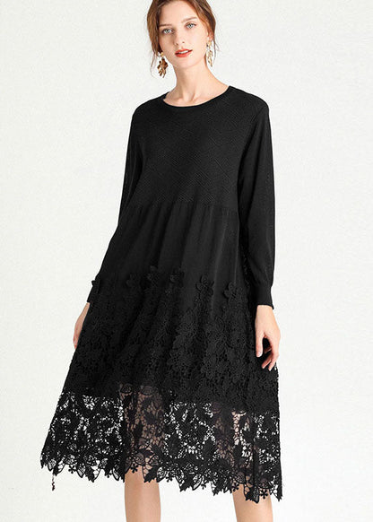 Chocolate Embroideried Patchwork Knit Long Dresses Spring