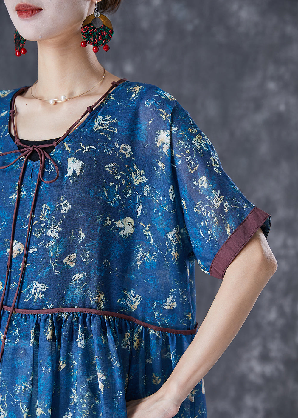 Navy Lace Up Tie Dye Linen Dresses Summer