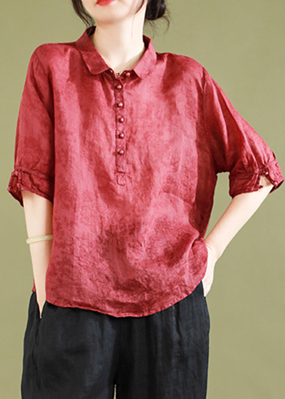 Red Peter Pan Collar Patchwork Button Linen Shirts Half Sleeve