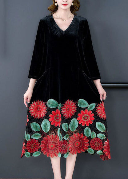 Modern Black V Neck Patchwork Hollow Out Silk Velour Dress Spring