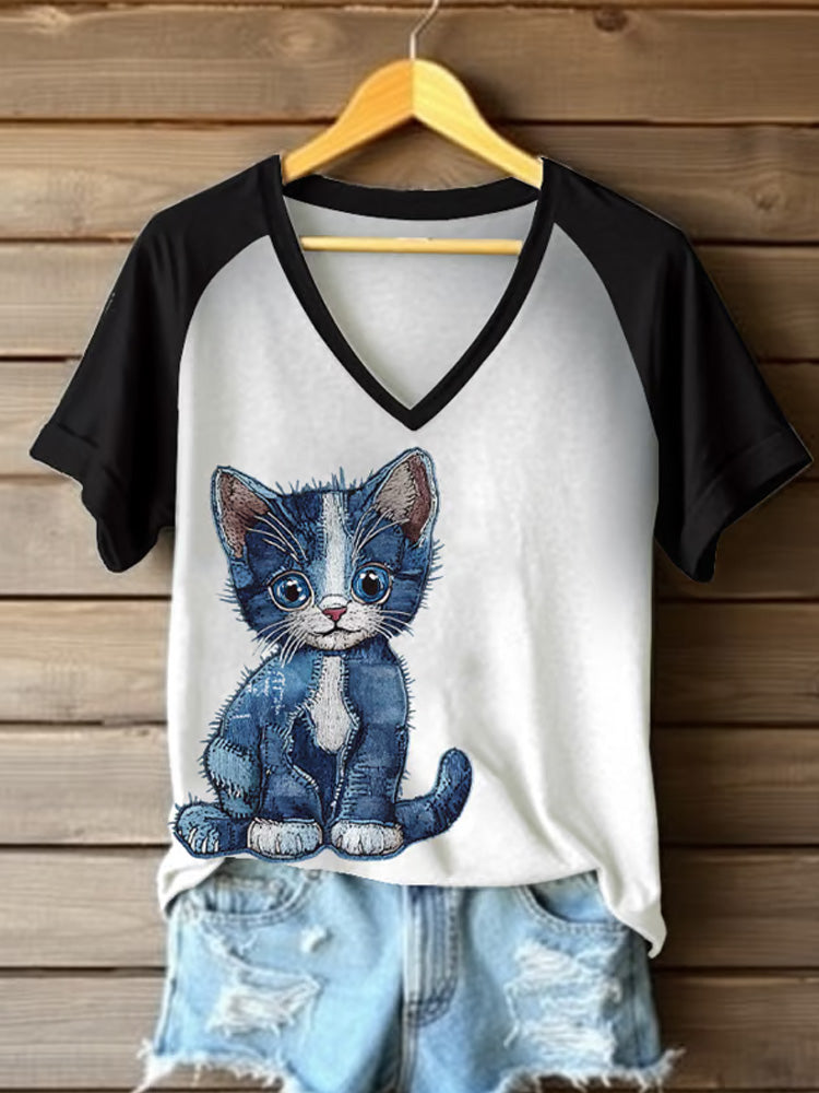 Women's Retro Funny Denim Patch Animal Cat Print Raglan Short Sleeve T-shirt elevenforest