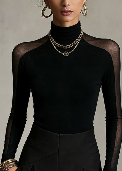 Black Turtleneck Patchwork Tulle Top Spring