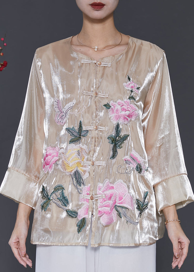 Champagne Embroidered Linen Silk Shirt Spring