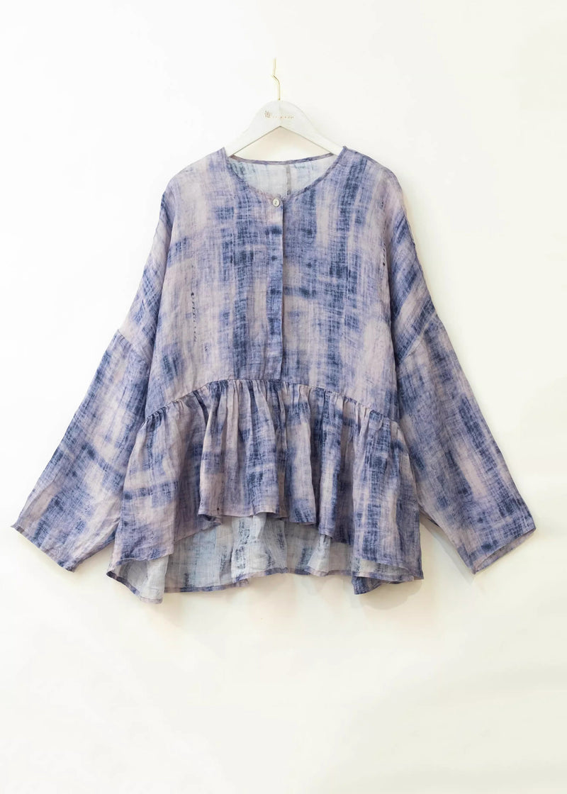 Blue O Neck Tie Dye Patchwork Cotton Top Spring