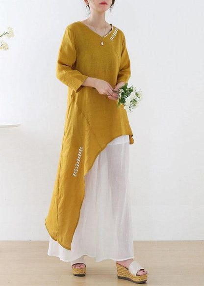 Unique Yellow Asymmetrical Design O-neck Shirts Fall