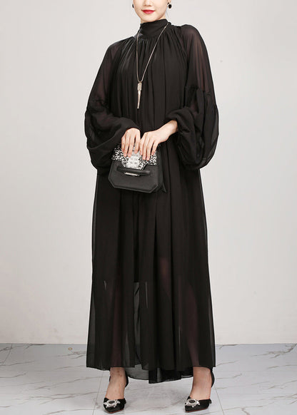 Black Turtleneck Chiffon Maxi Dresses Lantern Sleeve Fall